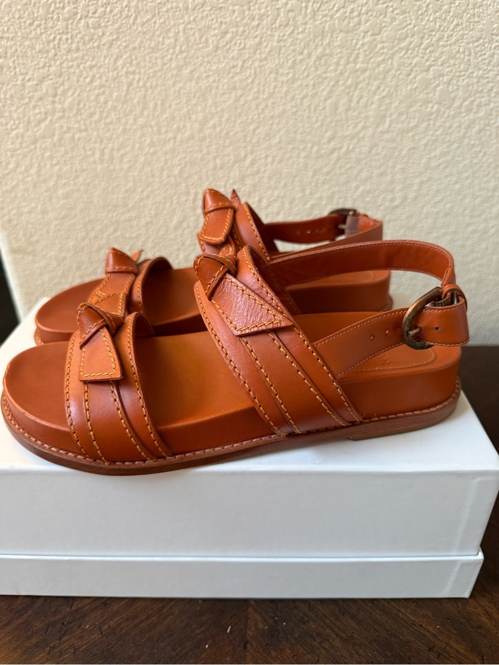 ALEXANDRE BIRMAN Clarita Sport Cognac Brown Leather Flat Sandals EU 37.5 US 7.5 - Picture 2 of 11